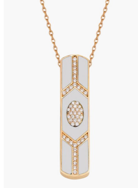 Shield Pendant, 18k Pink Gold with White Enamel & Diamonds